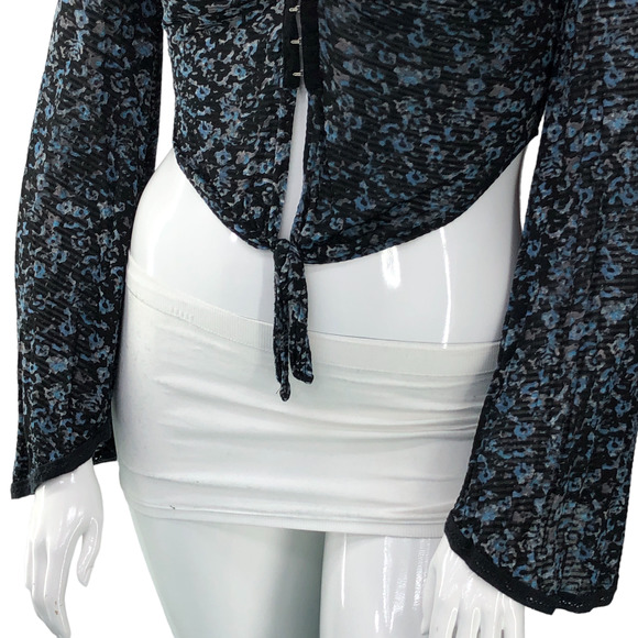Free People Womens Size M Crop Top Mesh Bell Sleeve Tie Waist Hook and Eye Close - Picture 4 of 16